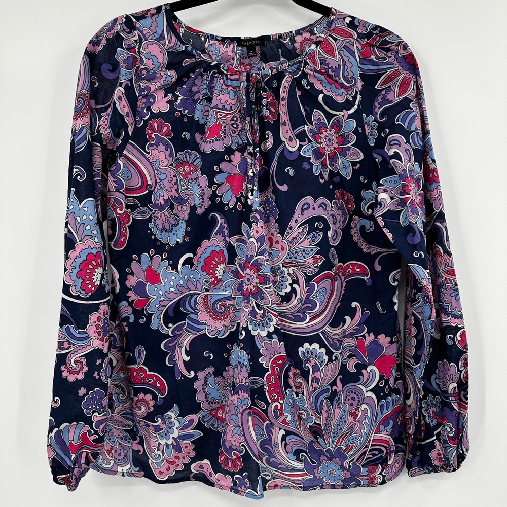 Talbots Navy Pink Paisley Floral‎ Cotton Tie Neck Blouse Top Size Medium Boho